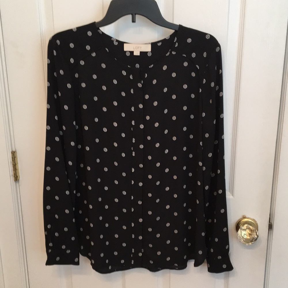Loft Womens Blouse, Black with White Dot Pattern, Size Medium